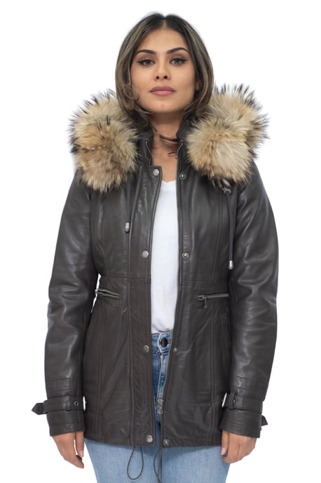 Womens Leather Hooded Parka Jacket-Putian