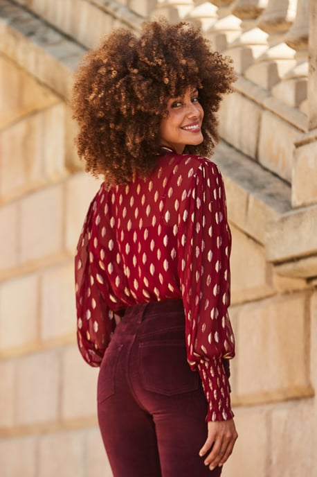 Red & Gold Metallic Spot Print Blouson Sleeve Shirt