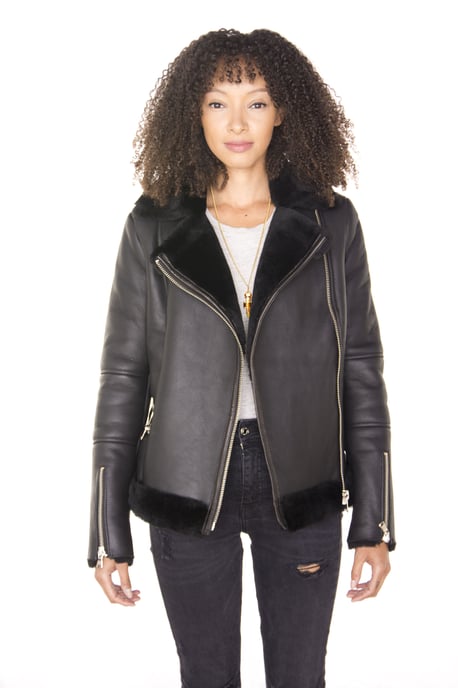 Womens Black Shearling Sheepskin Aviator Jacket-Kiev