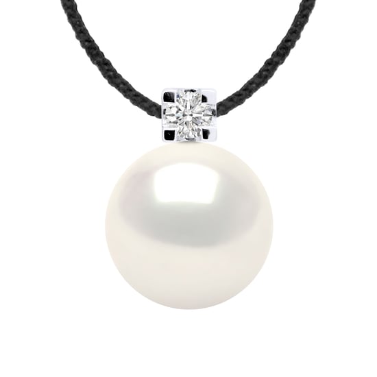 DIADEMA - Necklace - Black Nylon - White Freshwater Pearl and Real Diamond