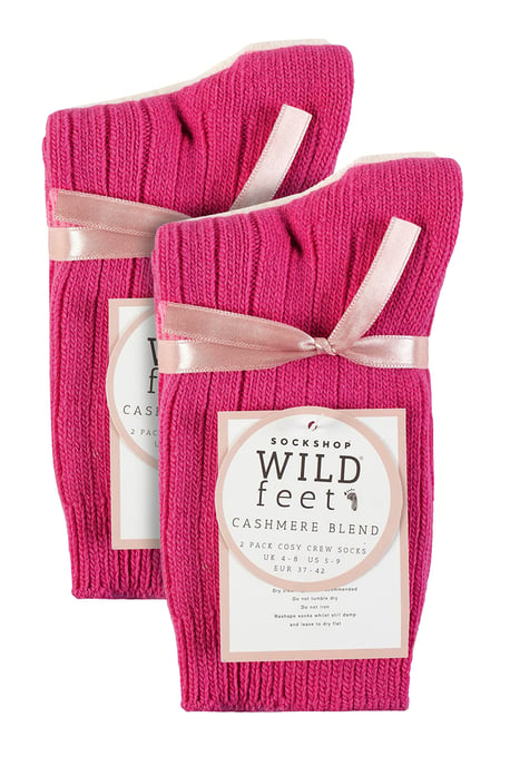 4 Pack Ladies Cashmere Boot Socks | Wildfeet | Ribbed Crew Wool Bed Socks - Wine/Cream - Image 2