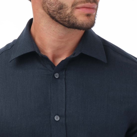 Men's Ted Baker Crotone Long Sleeve Herringbone Shirt in Navy