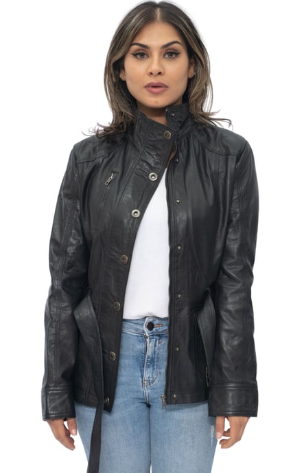 Womens Military Style Leather Biker Jacket-Phoenix