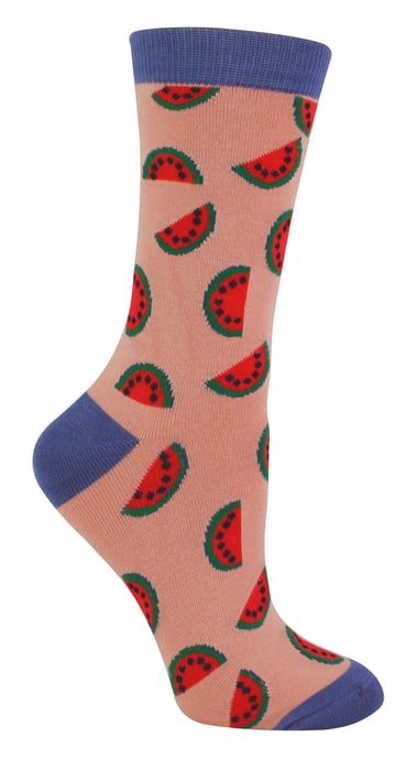 Women's Novelty Funny Fruit Socks | Miss Sparrow | Funky Watermelon Avocado Lemons Design Bamboo Socks - Watermelon (Pink) - Image 1