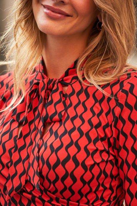 Red & Black Geometric Print Tie Neck Faux Wrap Top