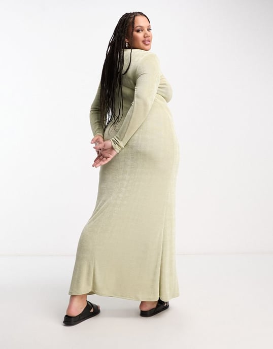 ASOS DESIGN Curve v neck long sleeve maxi dress in sage-Green