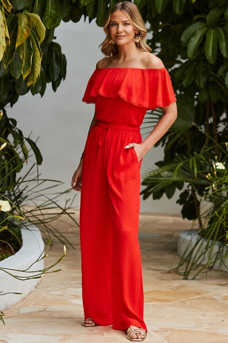 Red Crinkle Wide Leg Trousers