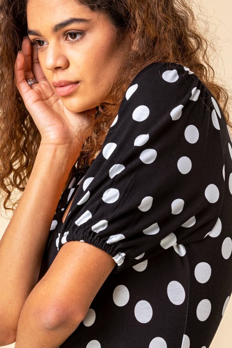 Ruched Neck Spot Print Midi Dress