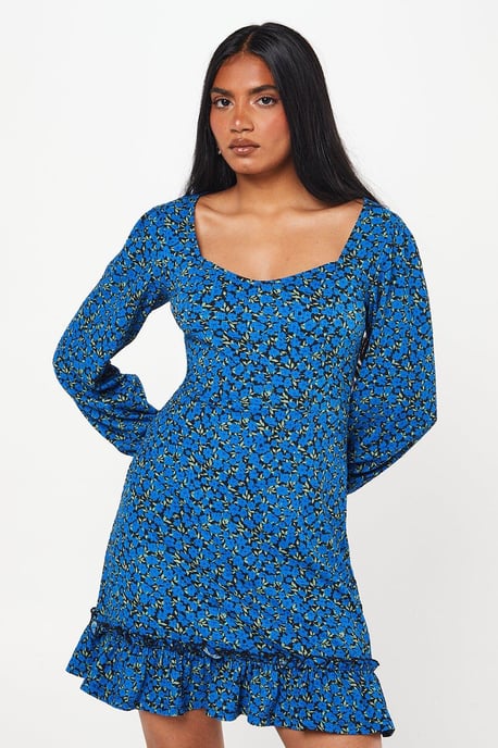 Petite Blue Ditsy Ruffle Hem Mini Dress - Image 1