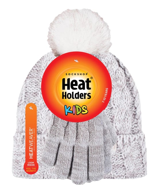 Heat Holders - Girls Bobble Pom Pom Hat and Gloves Set | Turn Over Cuff Hat & Cable Knit Gloves Style - Oatmeal Twist - Image 2