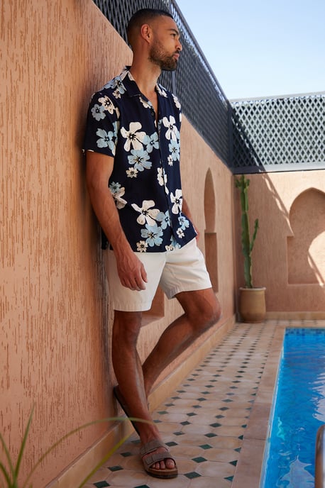 Black 'Terrace' Cotton Floral Print Revere Collar Short Sleeve Shirt