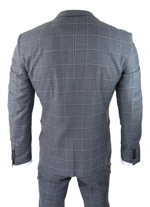 Mens Grey Suit 3 Piece Check Vintage Retro Smart Wedding Classic Tailored Fit - Image 6