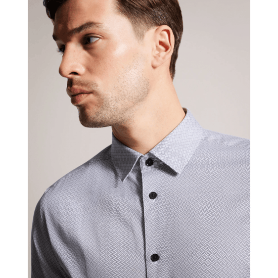 Men's Ted Baker Alham Long Sleeve Fine Geo Stretch Shirt in Navy