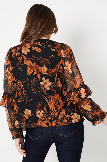Floral Print Frill Detail Tie Neck Top