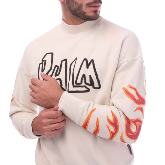 Men's Palm Angels Garment Dye Graffiti Flames Crewneck Sweatshirt in Off White - Image 3