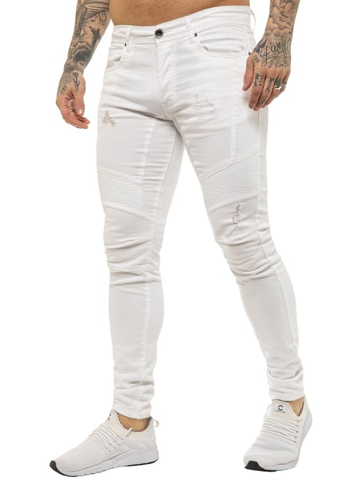 Enzo | Mens Skinny Stretch Biker Denim Jeans - White - Image 1