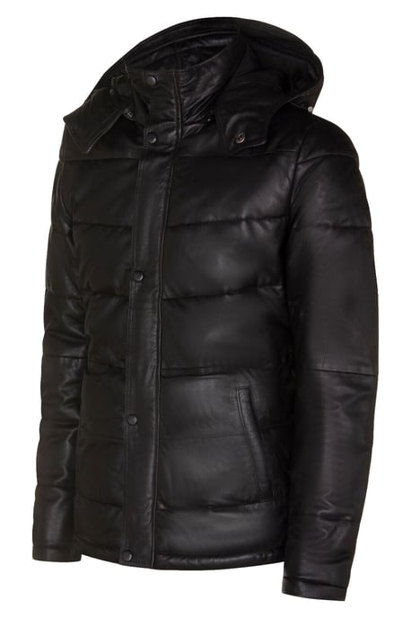 Black Puffer Leather Quilted Warm Bomber Hooded Jacket