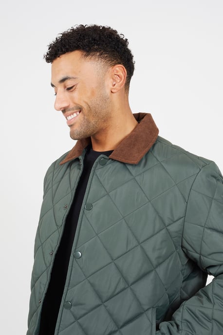 Khaki Quilted Coach Jacket With Cord Collar