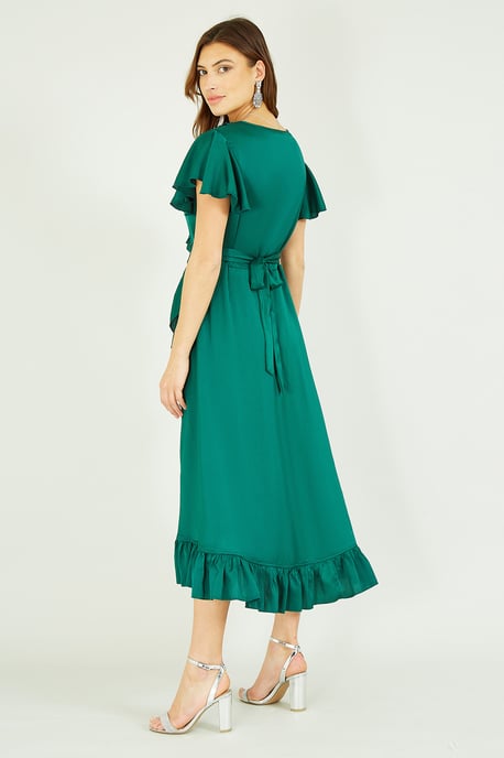 Yumi Green Satin Wrap Midi Dress