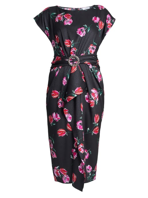 Saffron Floral Print Satin Dress With Buckle