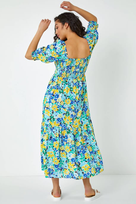 Floral Stretch Shirred Midi Dress