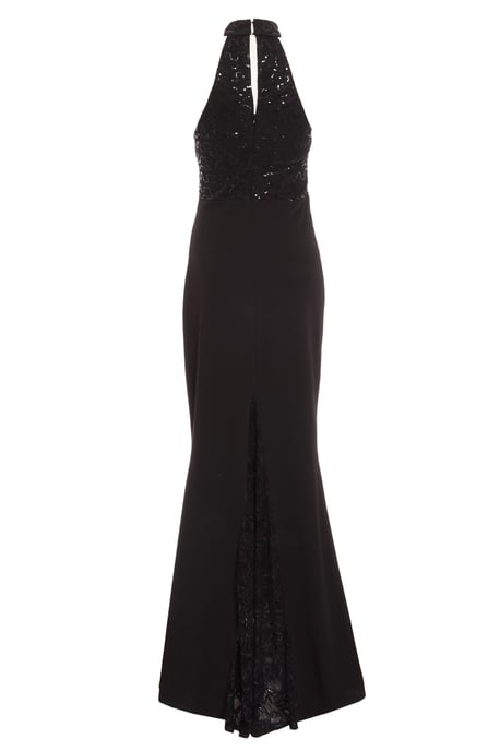 Black Sequin Lace Scallop Edge Fishtail Maxi Dress