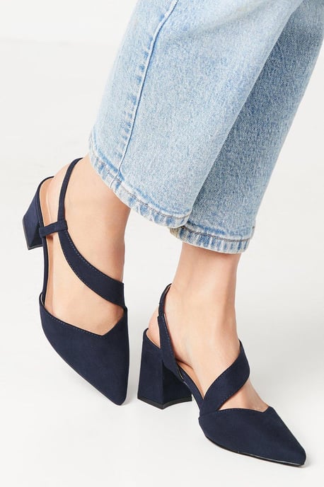 Wide Fit Eve Asymmetric Strap Block Heel Pointed Court Shoes - Image 1