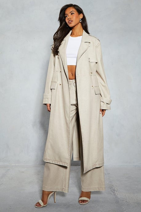 Leather Look Longline Belted Trench Coat - Image 1