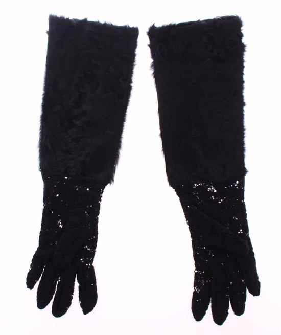Dolce & Gabbana Black Lace Wool Lambskin Fur Elbow Women's Gloves - Image 1