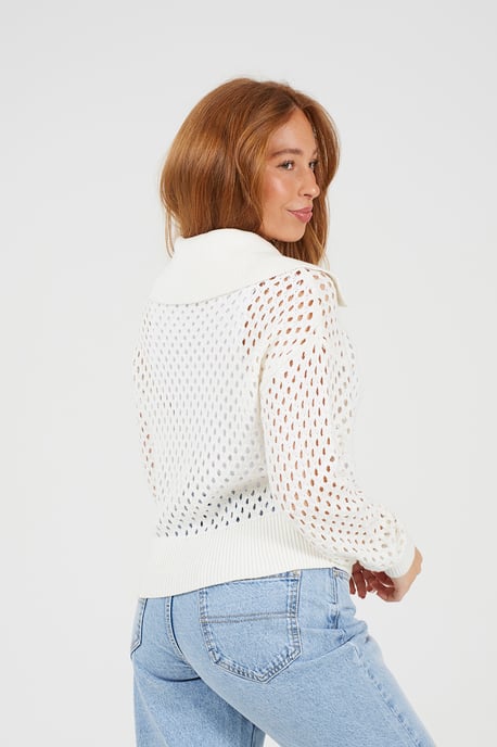 White Crochet Knit Zip Through Cardigan