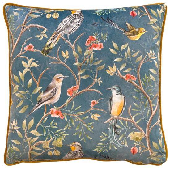 Wylder Tropics Orient Chinoiserie Birds Piped Velvet Feather Filled Cushion - Image 1