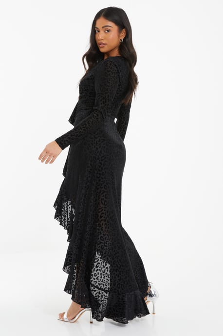 Petite Black Animal Print Velvet Ruffle Maxi Dress