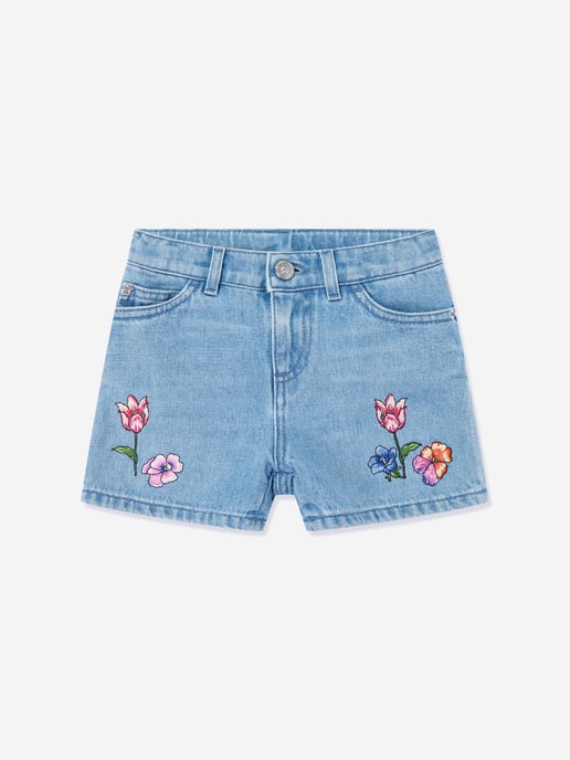Versace Girls Embroidered Flowers Denim Shorts in Blue