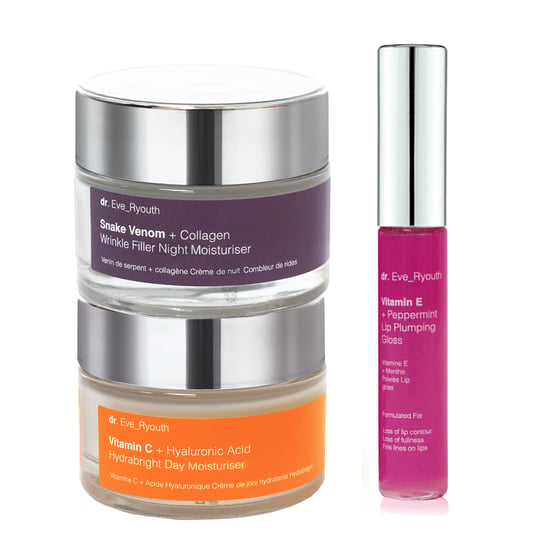 Vitamin C + Hyaluronic Acid Hydrabright Day Moisturiser 50ml + Snake Venom + Collagen Wrinkle Filler Night Moisturiser 50ml + Vitamin E Lip LPumps 8ml