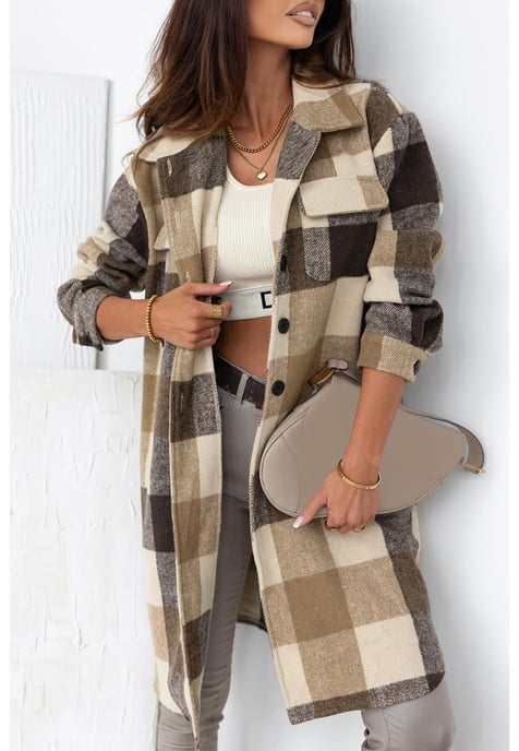 Women's Plaid Button-Down Long Shacket in Khaki - Image 2