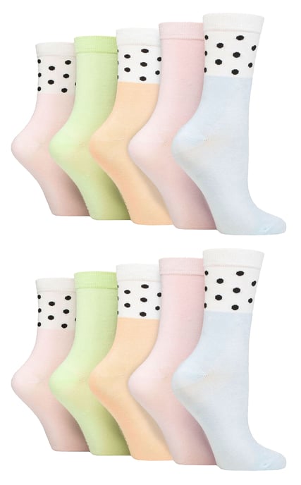 Wildfeet - 10 Pack Ladies Bamboo Crew Socks with Dots, Leopard & Floral Pattern - Spots Pastel - Image 1
