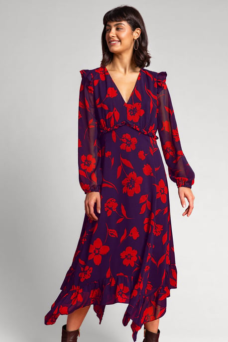 Floral Print Chiffon Midi Dress