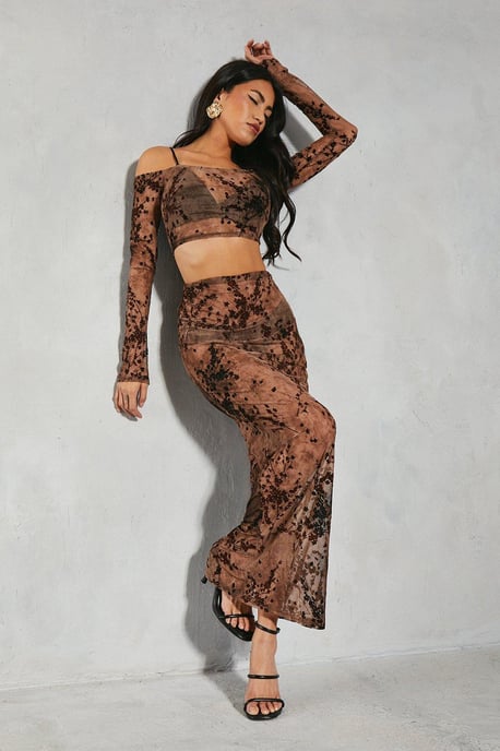 Devore Mesh Floral Bardot Top & Maxi Skirt Co-ord