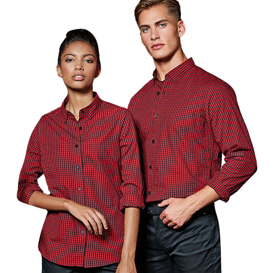 Premier Mens Maxton Check Long Sleeve Shirt (Black/Red) - Image 2