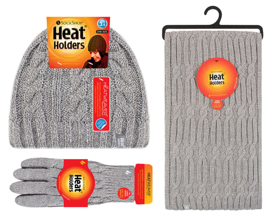 Ladies Knitted Hat Scarf & Gloves Set | Heat Holders | Womens Fleece Lined Thermal Cold Weather Set for Winter - Light Grey - Image 2