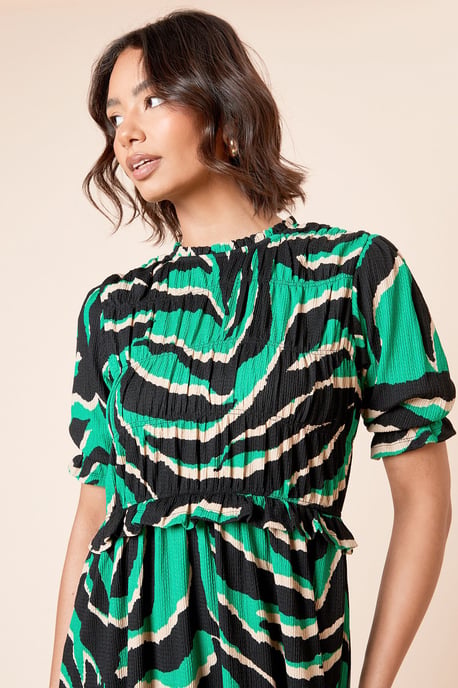 Puff Sleeve Zebra Shirred Bodice Peplum Midi Dress