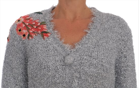 Dolce & Gabbana Silver Cardigan Floral Applique Sweater - Image 2