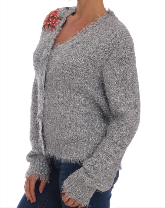 Dolce & Gabbana Silver Cardigan Floral Applique Sweater - Image 4