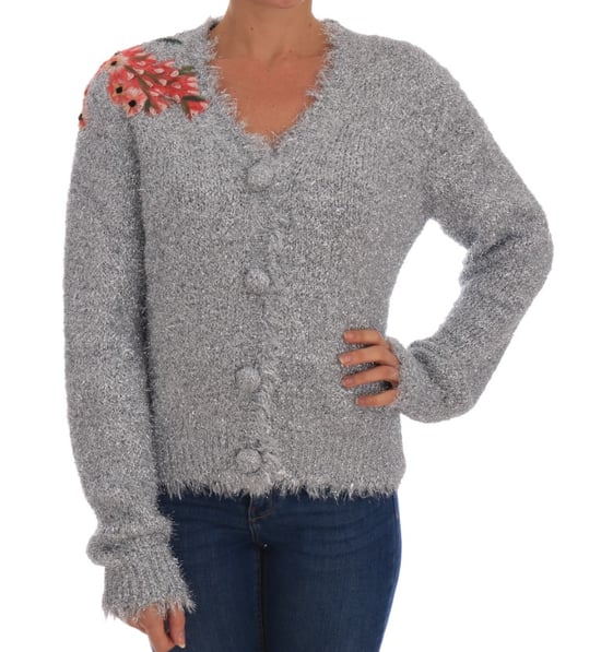 Dolce & Gabbana Silver Cardigan Floral Applique Sweater - Image 1