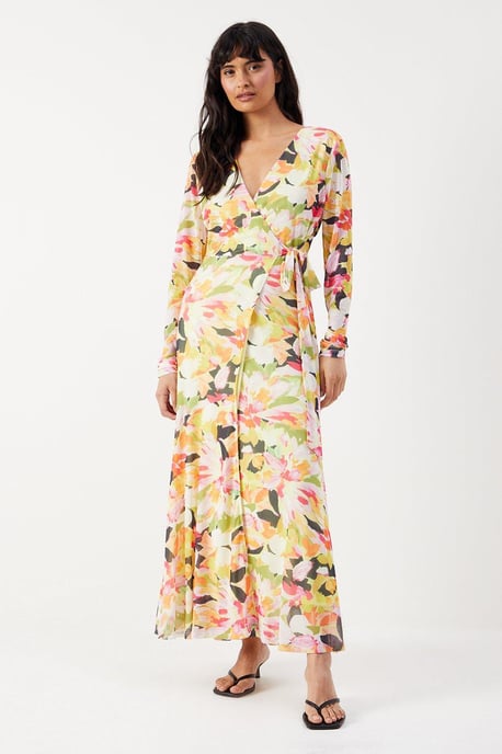 Bloom Floral Mesh Asymmetric Seam Wrap Midi Dress