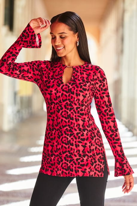 Hot Pink Leopard Print Gold Bar Detail Tunic