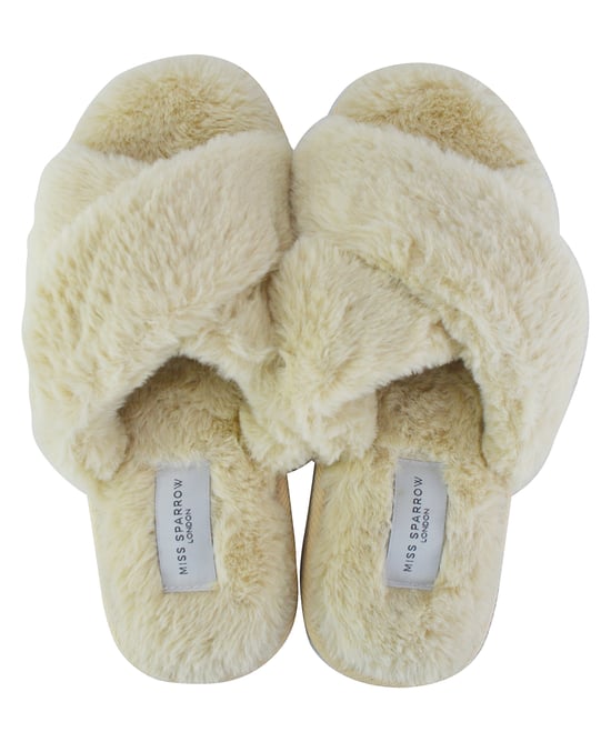 Miss Sparrow - Womens Open Toe Bedroom House Slippers with Back | Soft Fluffy Plush Cozy Non-Slip Crossover Sliders - Cream - Image 2