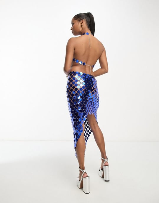 Simmi Petite sequin disc chainmail maxi dress with open back in blue