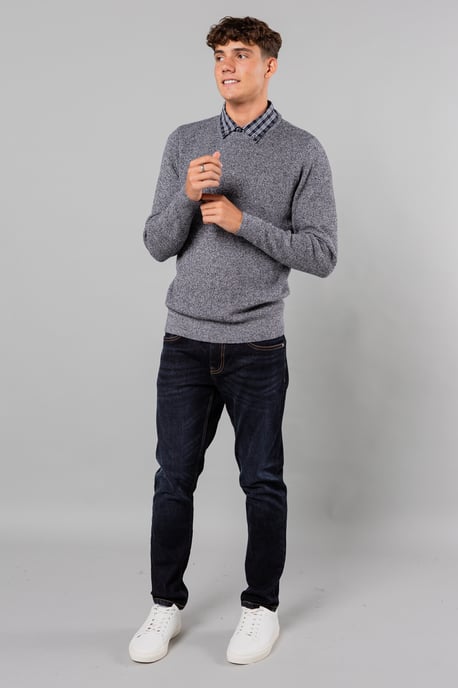 Navy Mock Checked Shirt Crew Neck Jumper