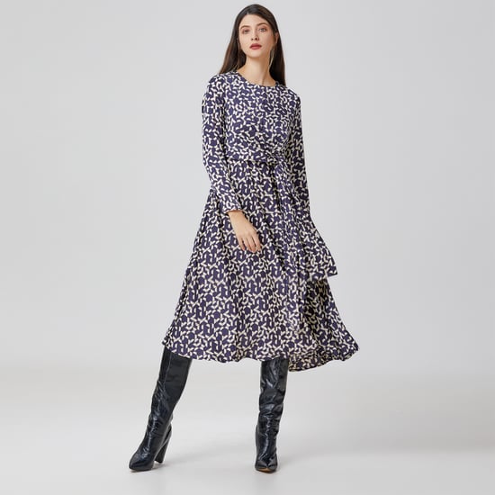 Flared printed satin dress with side knotted panel - Image 1